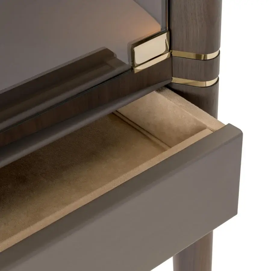 Exclusive Turri Pinnacle bar cabinet crafted in Italy with curved features, gold-colored metal and matte taupe finish