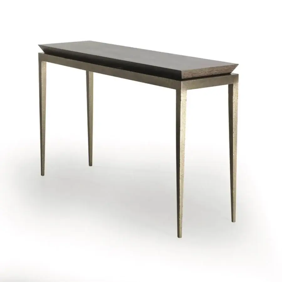 Elegant Bellavista Elizabeth console with European wood veneer and hammered cast brass base in dark matte finish