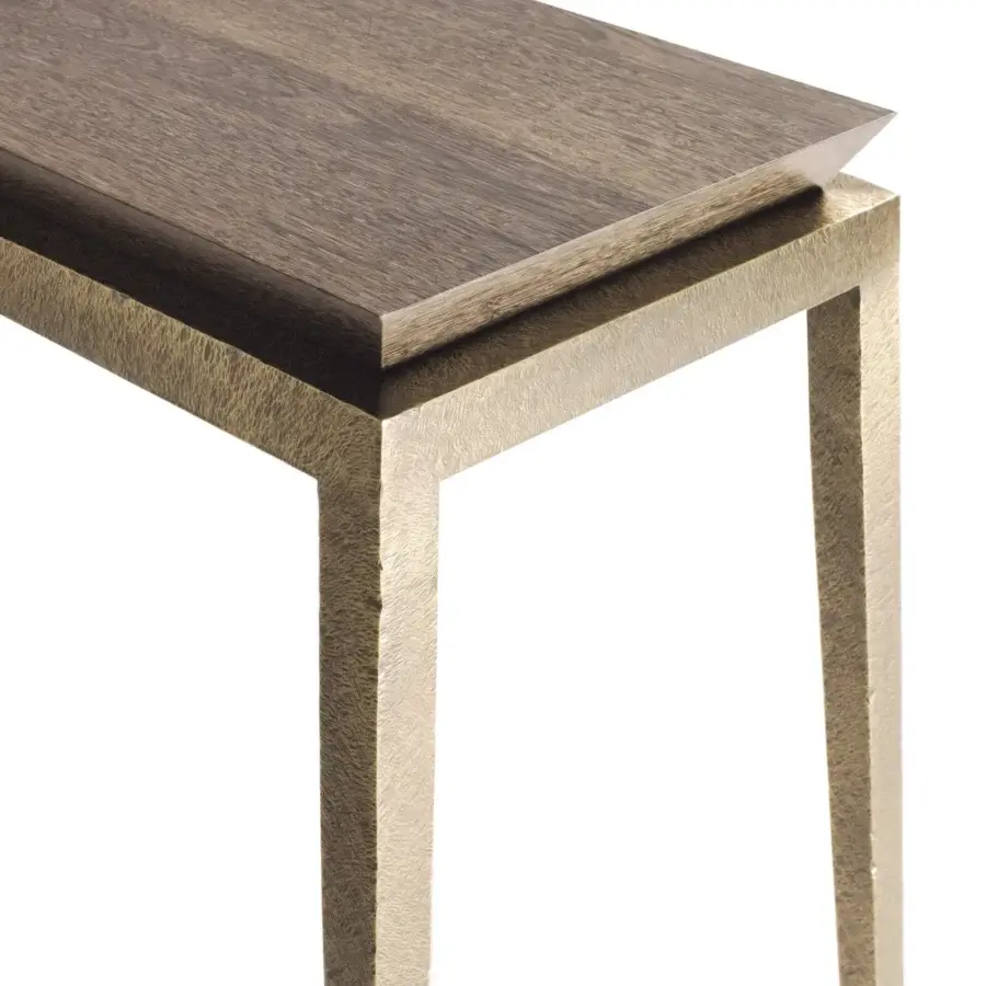 Distinguished Bellavista Elizabeth console with European wood veneer and a warm brown hue, built upon a hand-refined hammered cast brass base