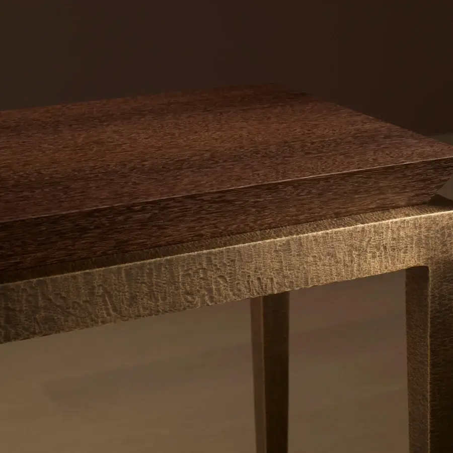 Exceptional Bellavista Elizabeth console crafted with dark-stained Italian poplar and hammered cast brass base