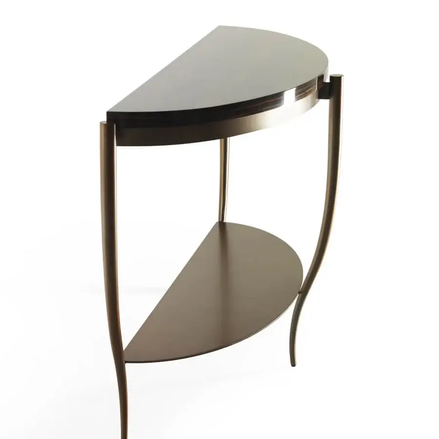Distinguished Bellavista Luna console with a glossy dark wood finish and slender bronze-toned metal legs supporting Italian poplar block-board