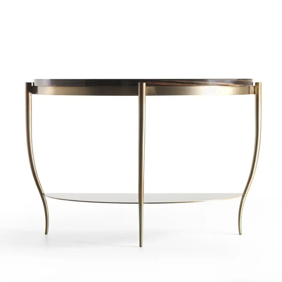 Superior Bellavista Luna console in exotic wood with radiant metal, glossy finish and slender golden legs