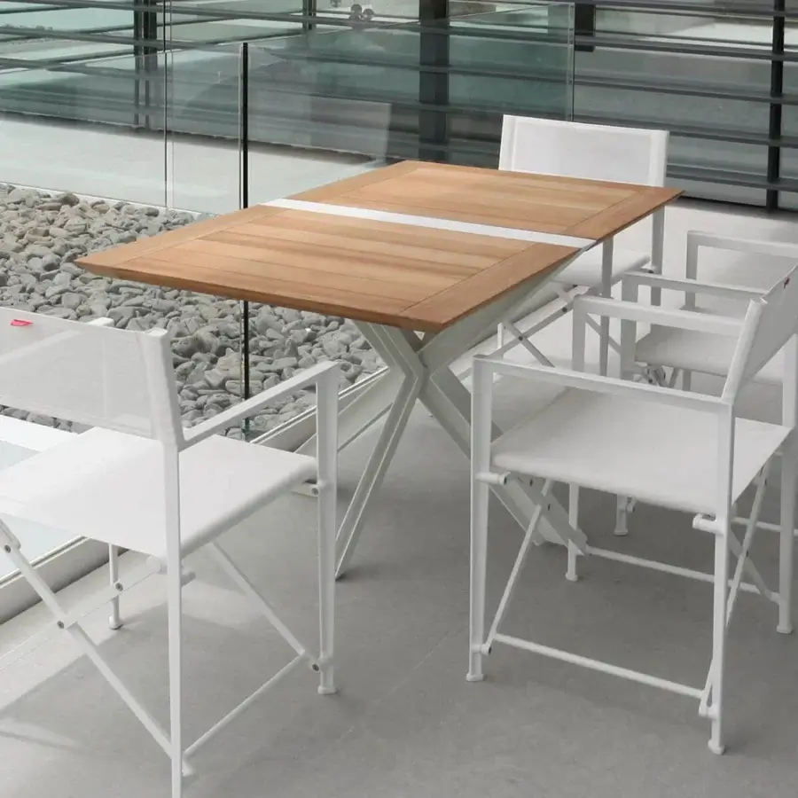 Superior Royal Botania Traverse table with light brown teak wood and white coated aluminum X-shaped base