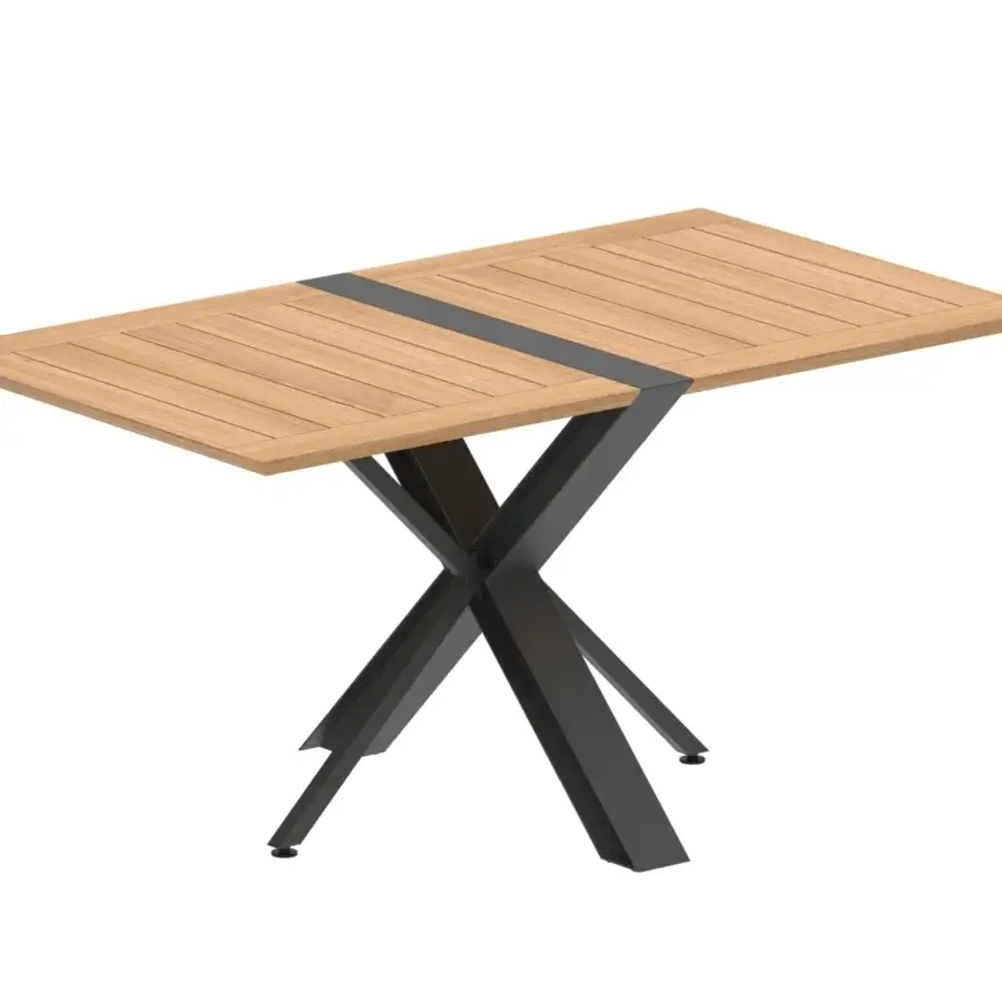 Elegant Royal Botania Traverse table with a slatted teak wood top and matte dark-grey coated aluminum base