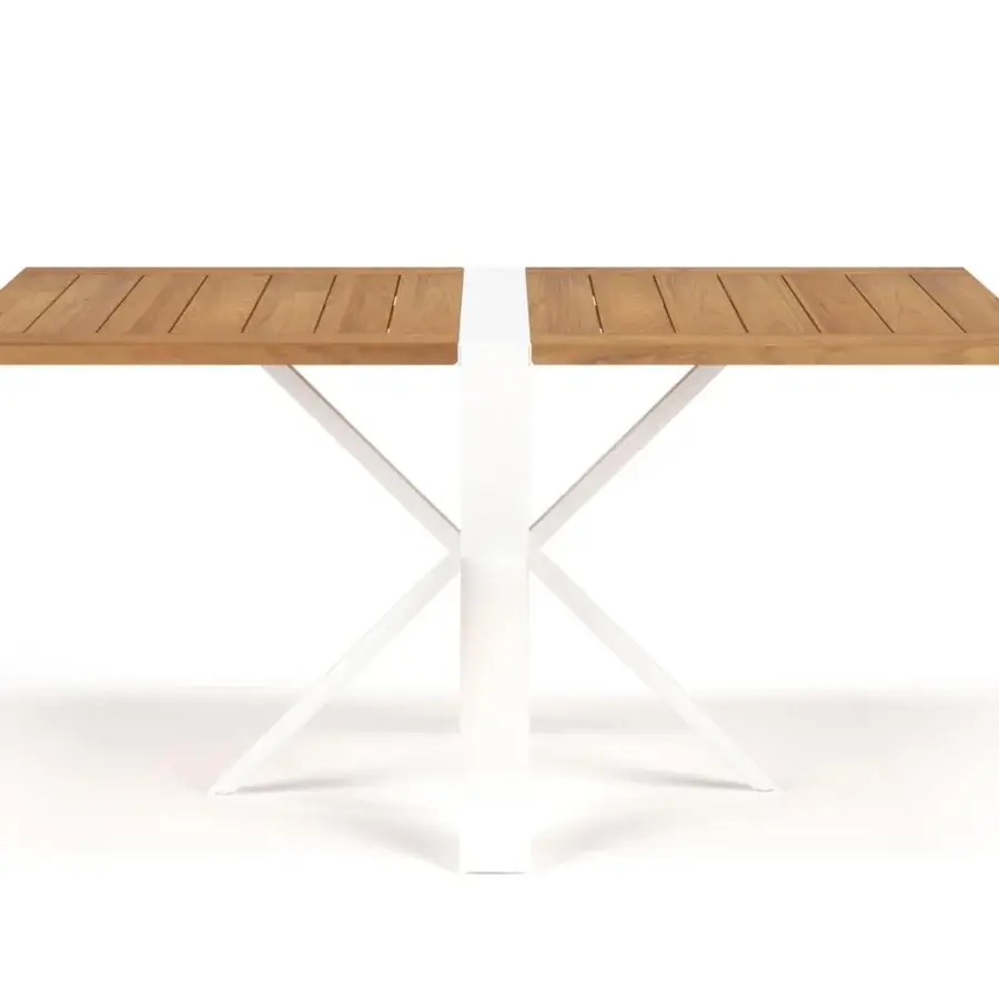 Exclusive Royal Botania Traverse table with a warm teak wood tabletop and sleek white coated aluminum base