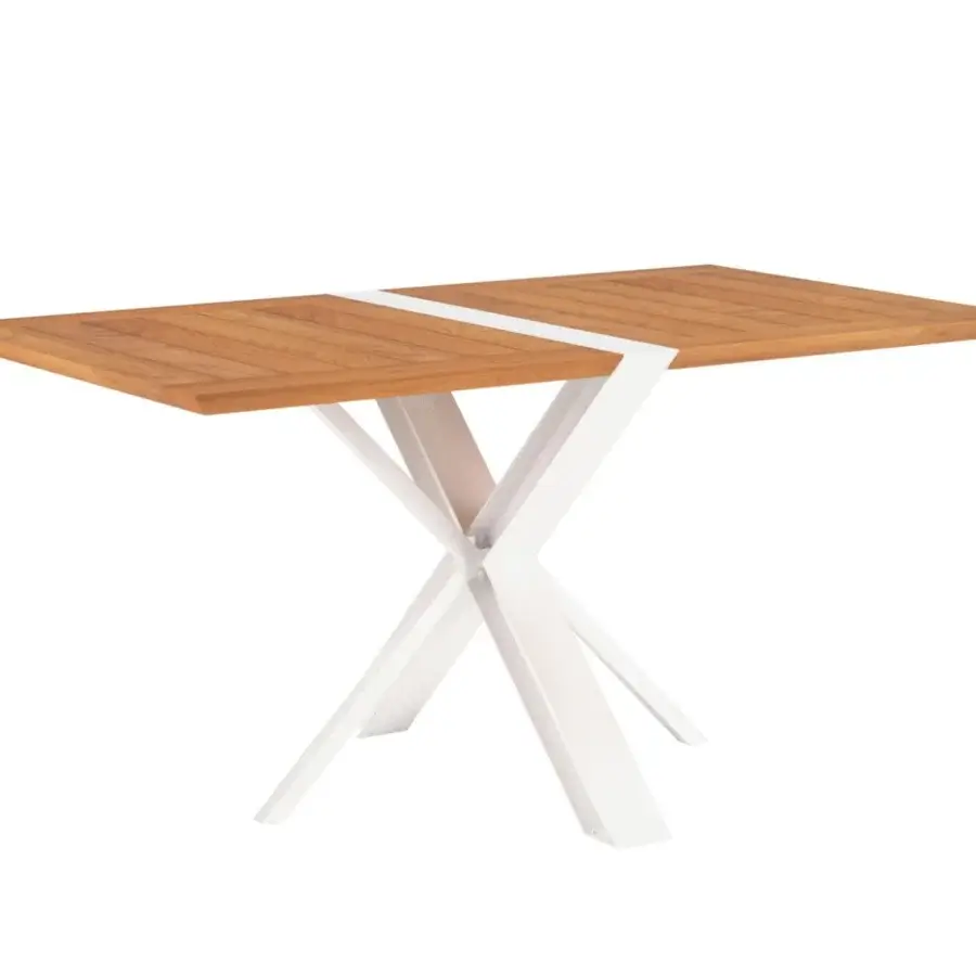 Superior Royal Botania Traverse table with a teak wood top bisected by a white stripe and a white coated aluminum base