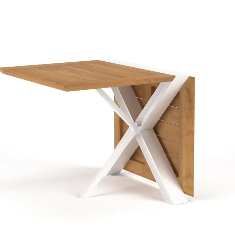Distinguished Royal Botania Traverse table with warm teak wood and a sleek white coated aluminum base exhibiting horizontal slats