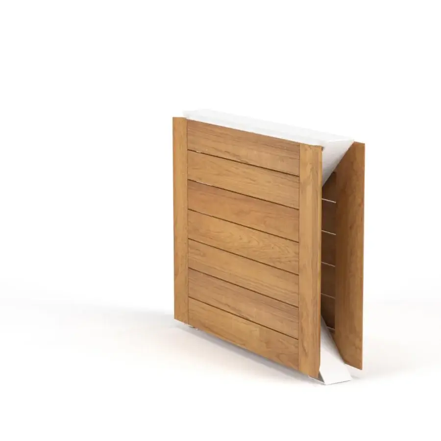 Elegant Royal Botania Traverse table crafted with light brown teak wood and a white coated aluminum base for collapsible function