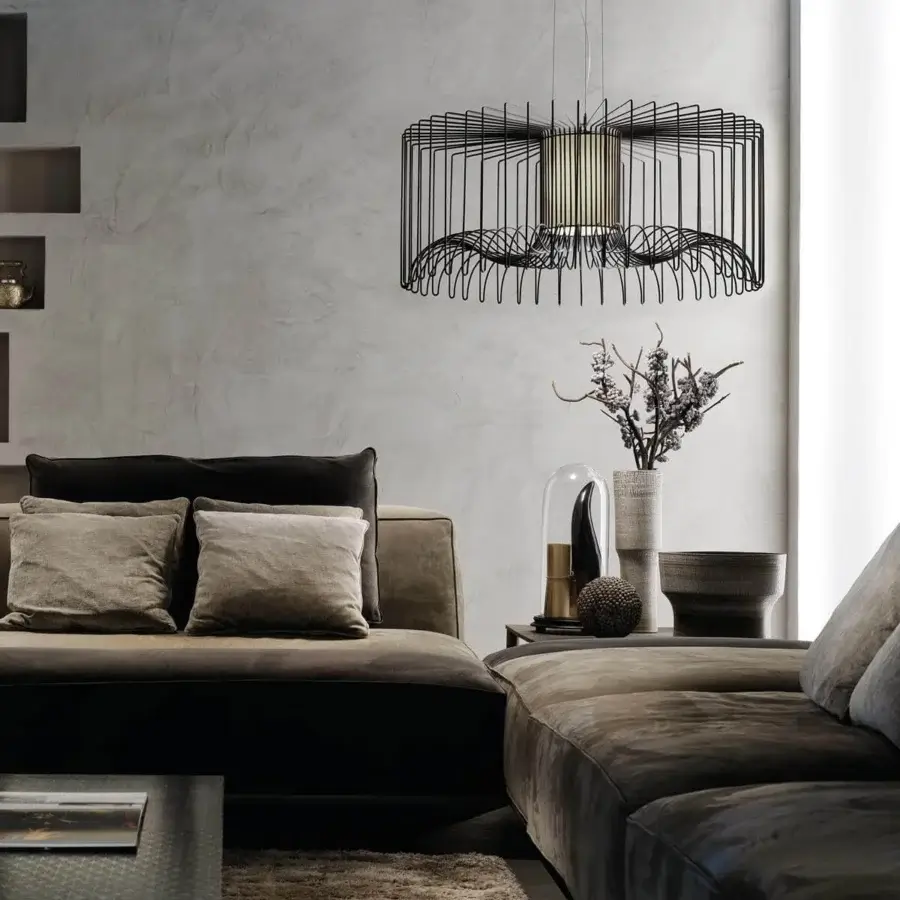 Superior Modo Luce Icaro suspension lamp with cylindrical body crafted from painted steel wire in matte black and satin gold