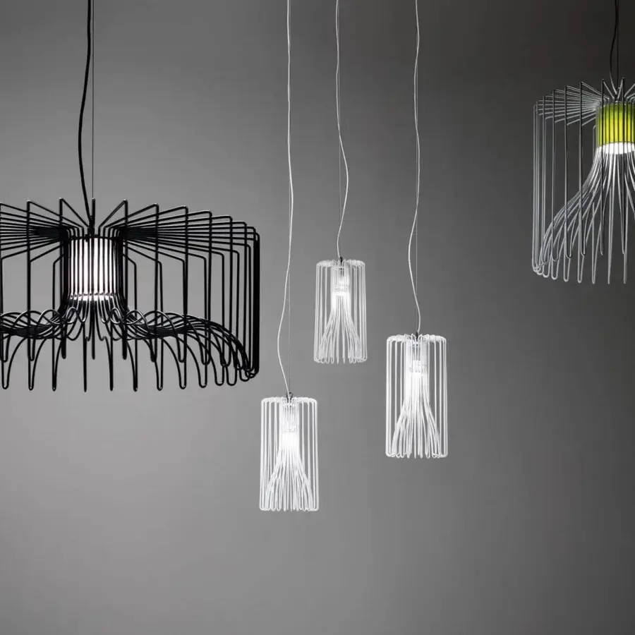 Distinguished Modo Luce Icaro suspension lamp with a cylindrical form crafted in painted steel wire and silver finish