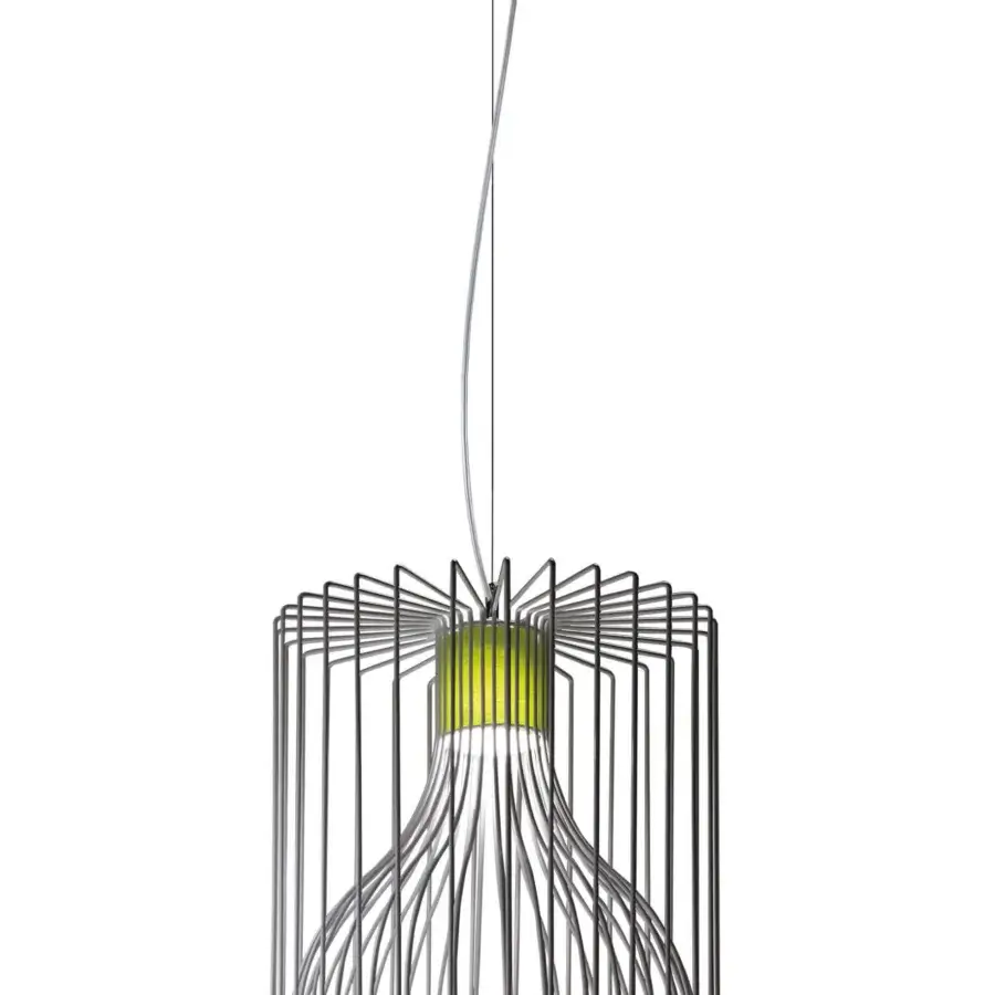 Exceptional Modo Luce Icaro suspension lamp with a cylindrical form built in painted steel wire and a light gray cage structure