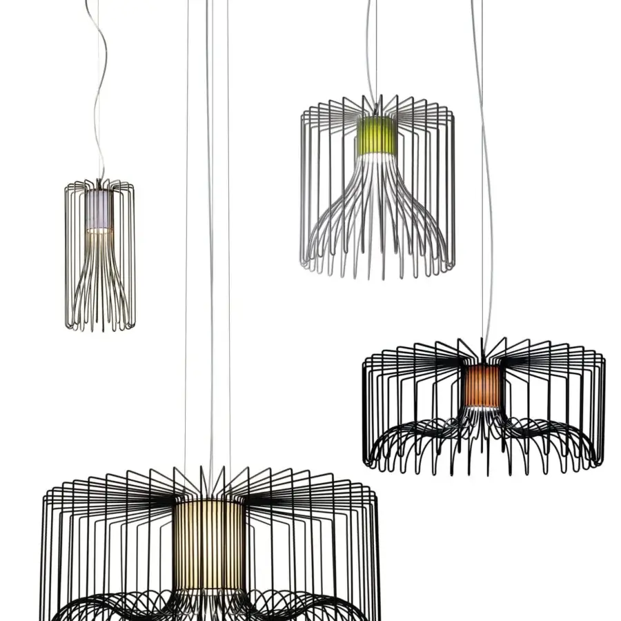 Avant-garde Modo Luce Icaro suspension lamp with a cylindrical cage built in painted steel wire and matte black finish showcasing orange light