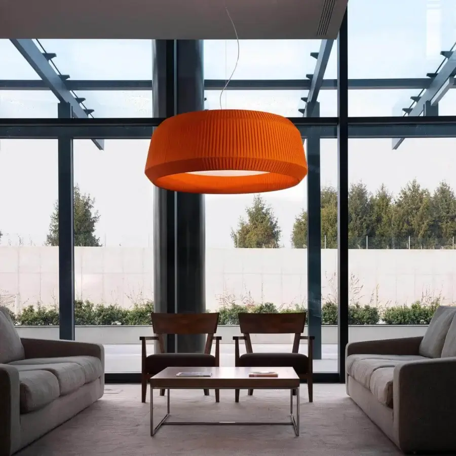 Exceptional Modo Luce Loto suspension lamp with a vibrant orange pleated textile lampshade offering a contemporary glow