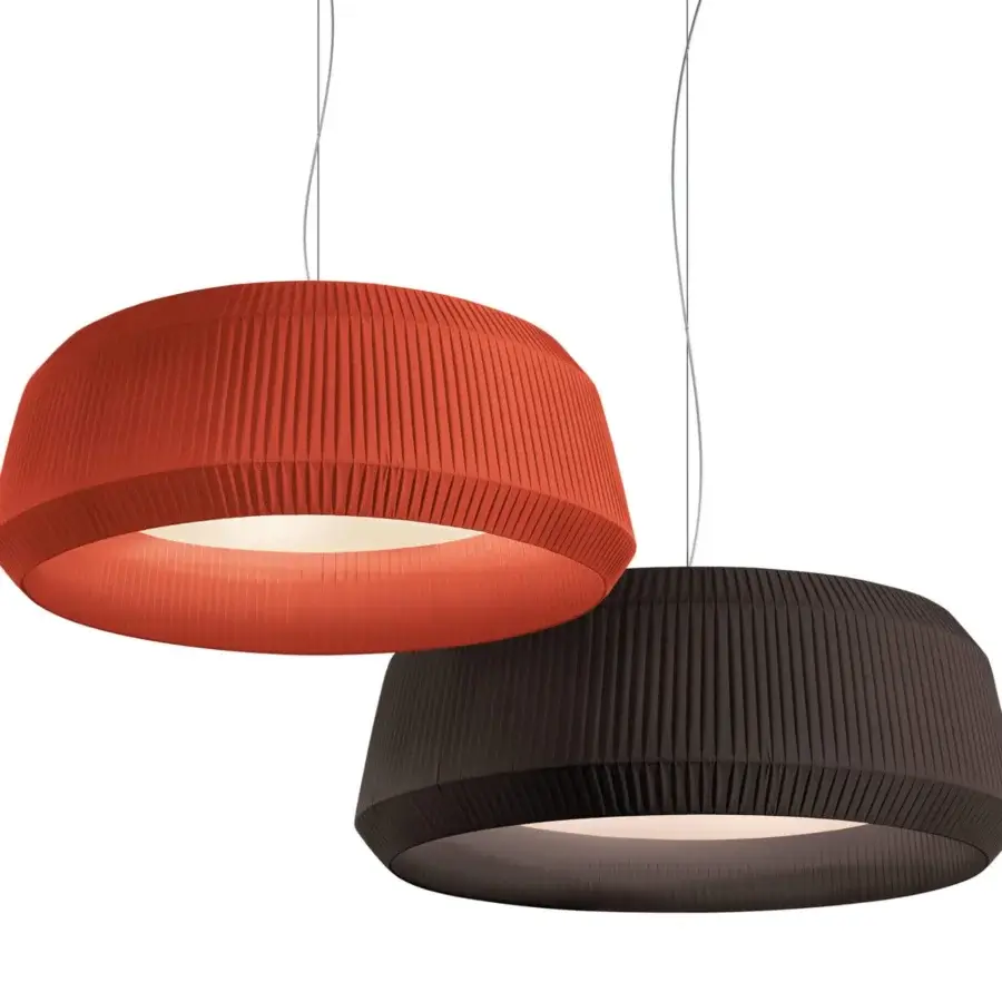 Distinguished Modo Luce Loto suspension lamp crafted in Italy with a ribbed textile lampshade and dark brown matte finish