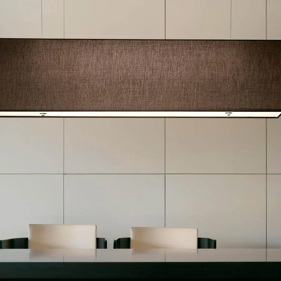 Elegant Modo Luce Rettangolo suspension lamp with textured dark brown textile and refined fabric upholstery crafted in Italy