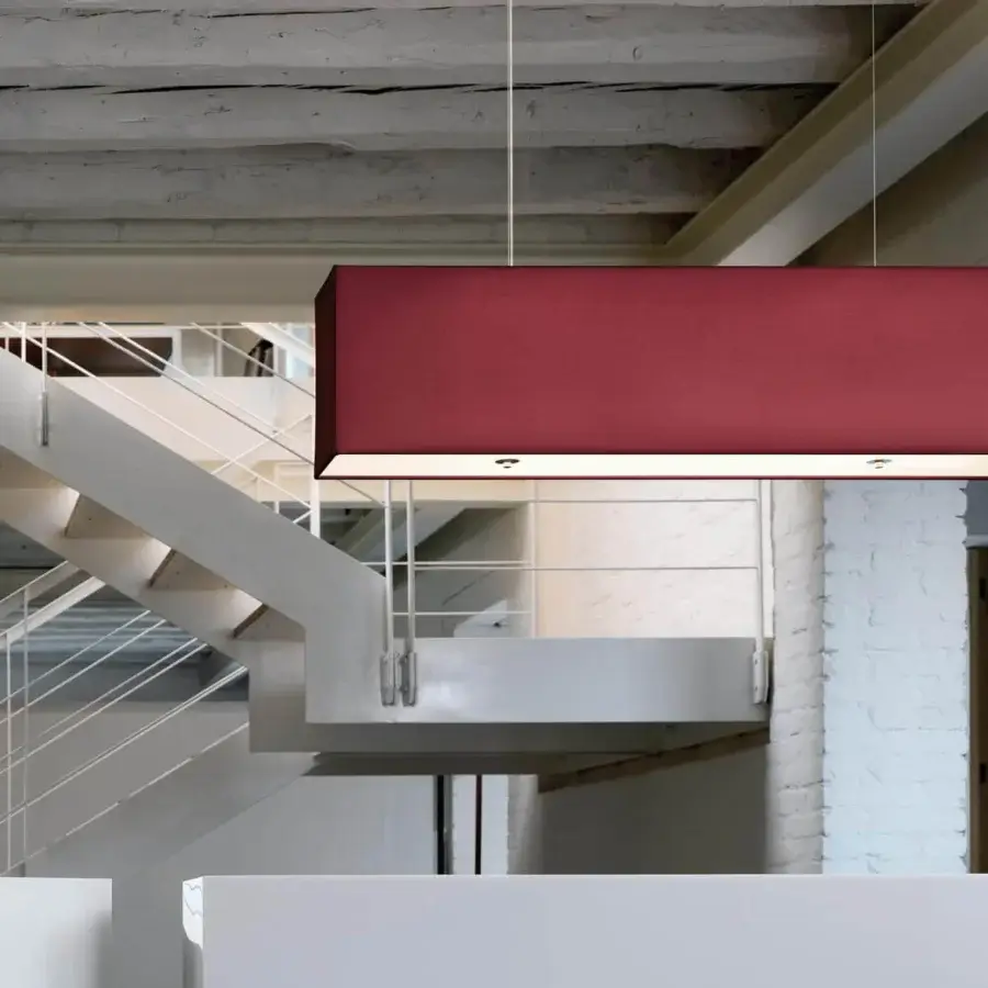 Superior Modo Luce Rettangolo suspension lamp with a deep red matte fabric lampshade and delicate cables