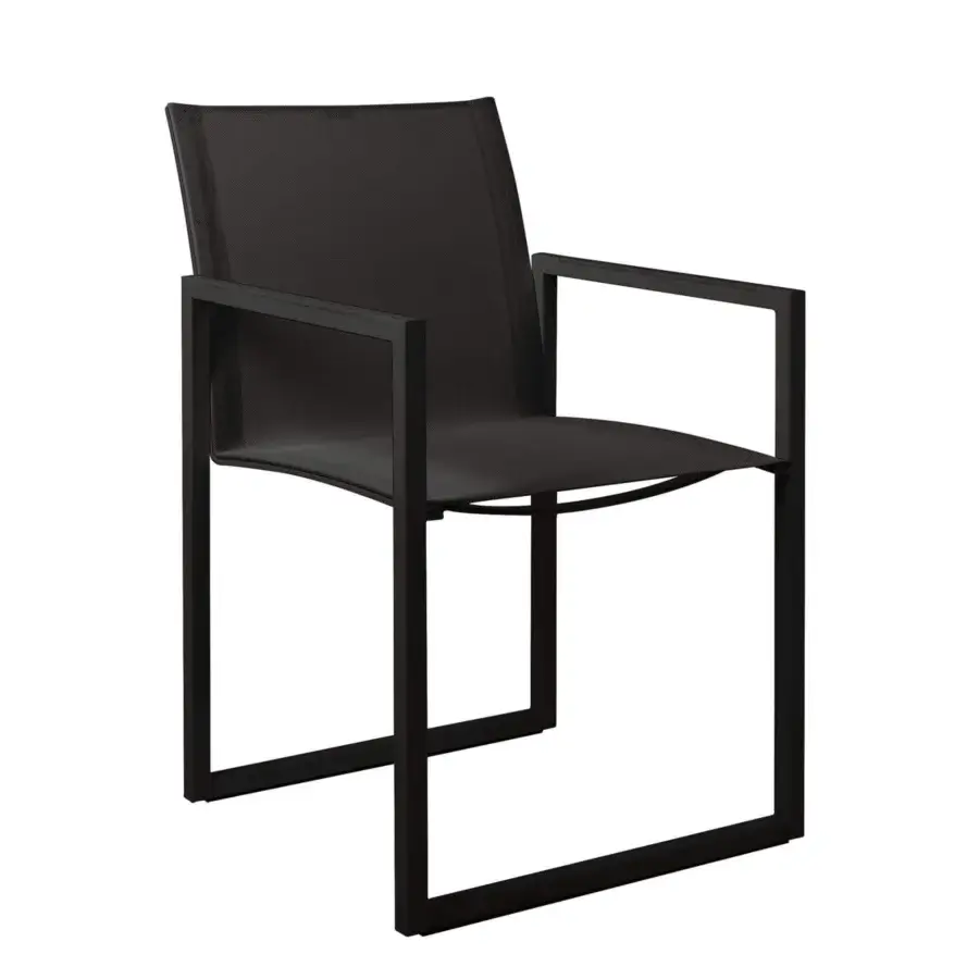 Elegant Royal Botania Ninix armchair with squared black coated stainless steel frame and sleek Black Batyline seat