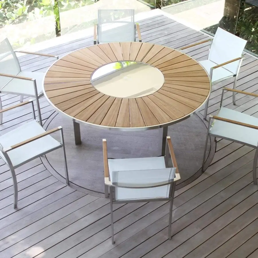 Distinguished Royal Botania O-Zon armchair with brushed stainless steel frame and crisp white Batyline seat crafted with light-toned wooden armrests