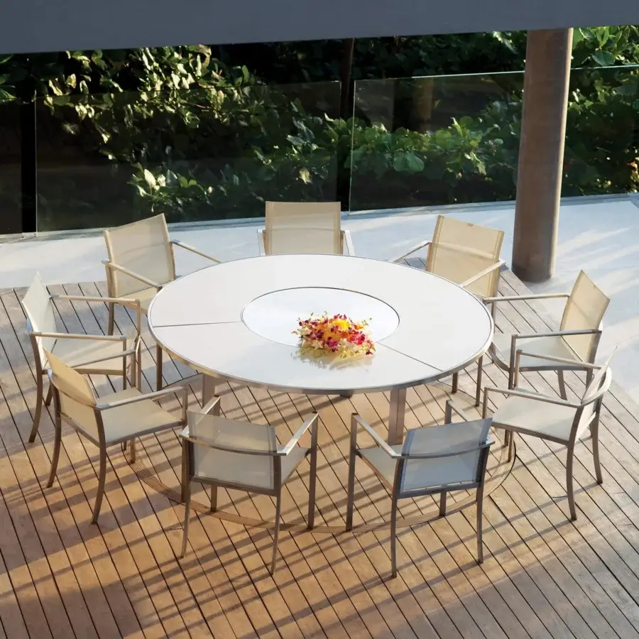 Sophisticated Royal Botania O-Zon chair with stainless steel frame and light beige Batyline seat built with a matte finish