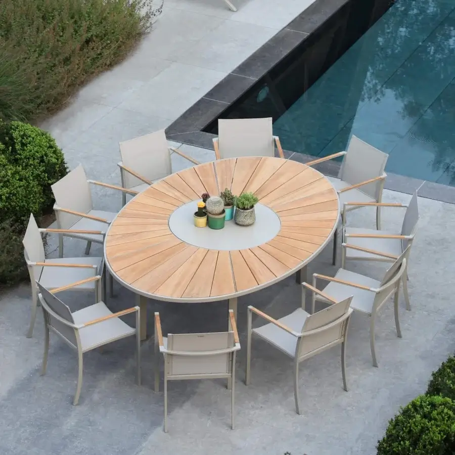Exceptional Royal Botania O-Zon armchair with coated stainless steel frame, light gray Batyline seat and wooden armrests