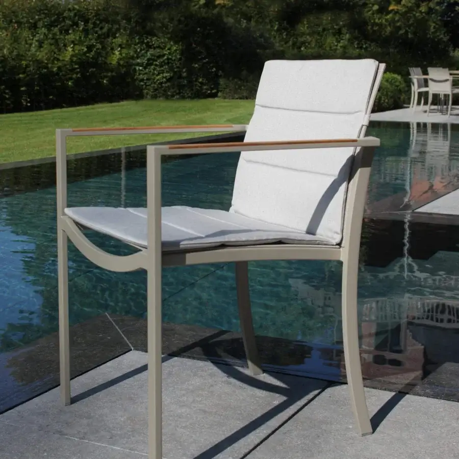Lavish Royal Botania O-Zon armchair with brushed stainless steel frame and light gray Batyline seat cushions