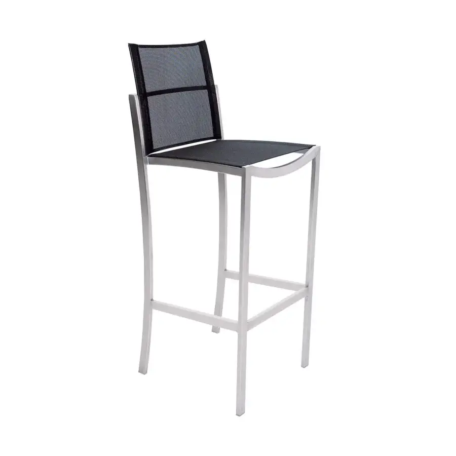 Elegant Royal Botania O-Zon stool with brushed stainless steel frame and black Batyline seat offers balanced style