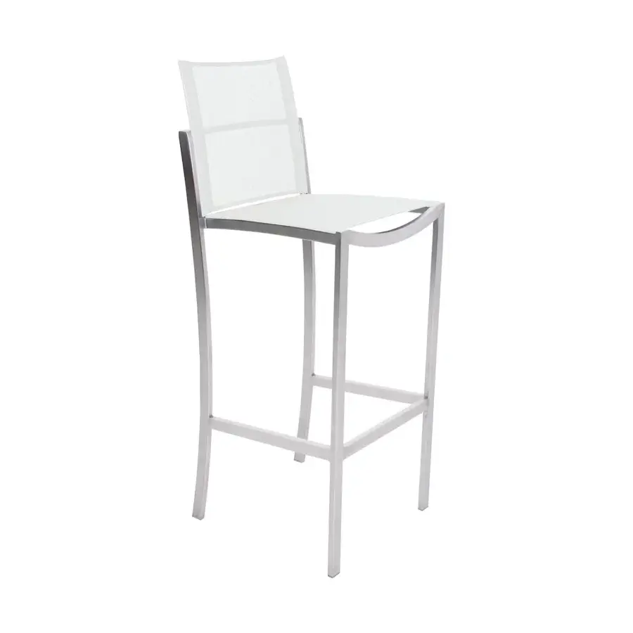 Distinguished Royal Botania O-Zon stool with a sleek brushed stainless steel frame and crisp white Batyline seat