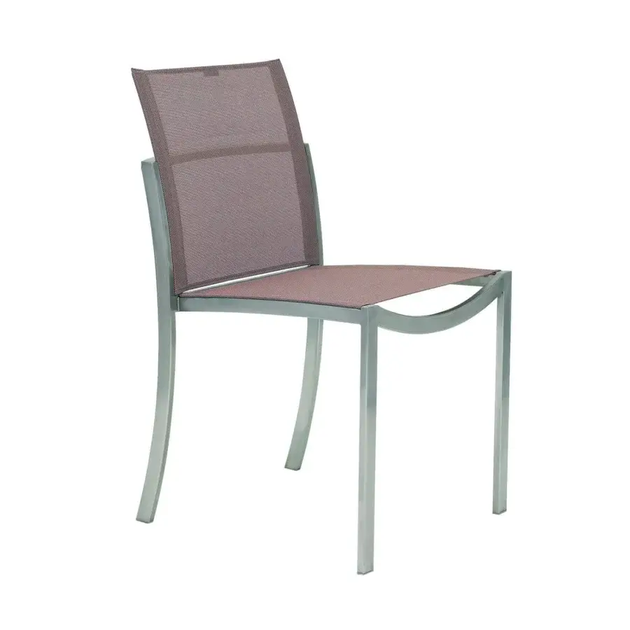 Captivating Royal Botania O-Zon chair with a brushed stainless steel frame and woven brown Batyline seat offering balanced form
