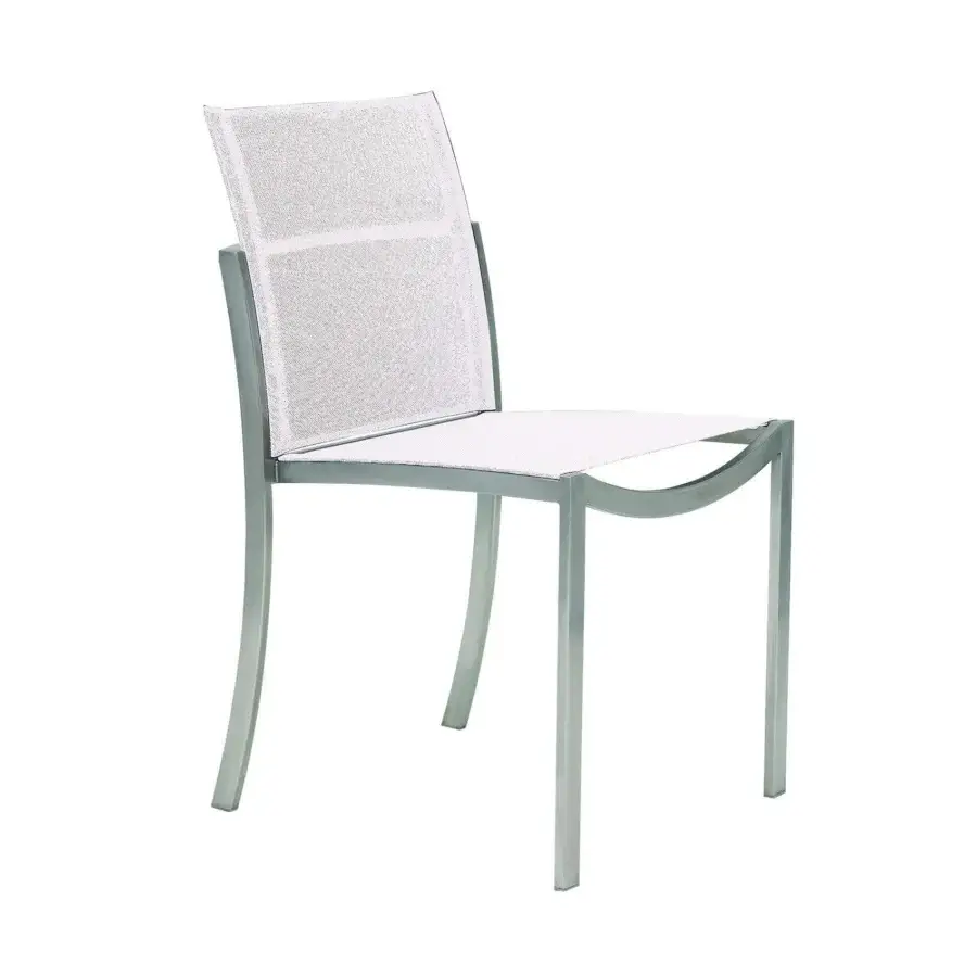 Elegant Royal Botania O-Zon chair with a brushed stainless steel frame and light gray Batyline seat