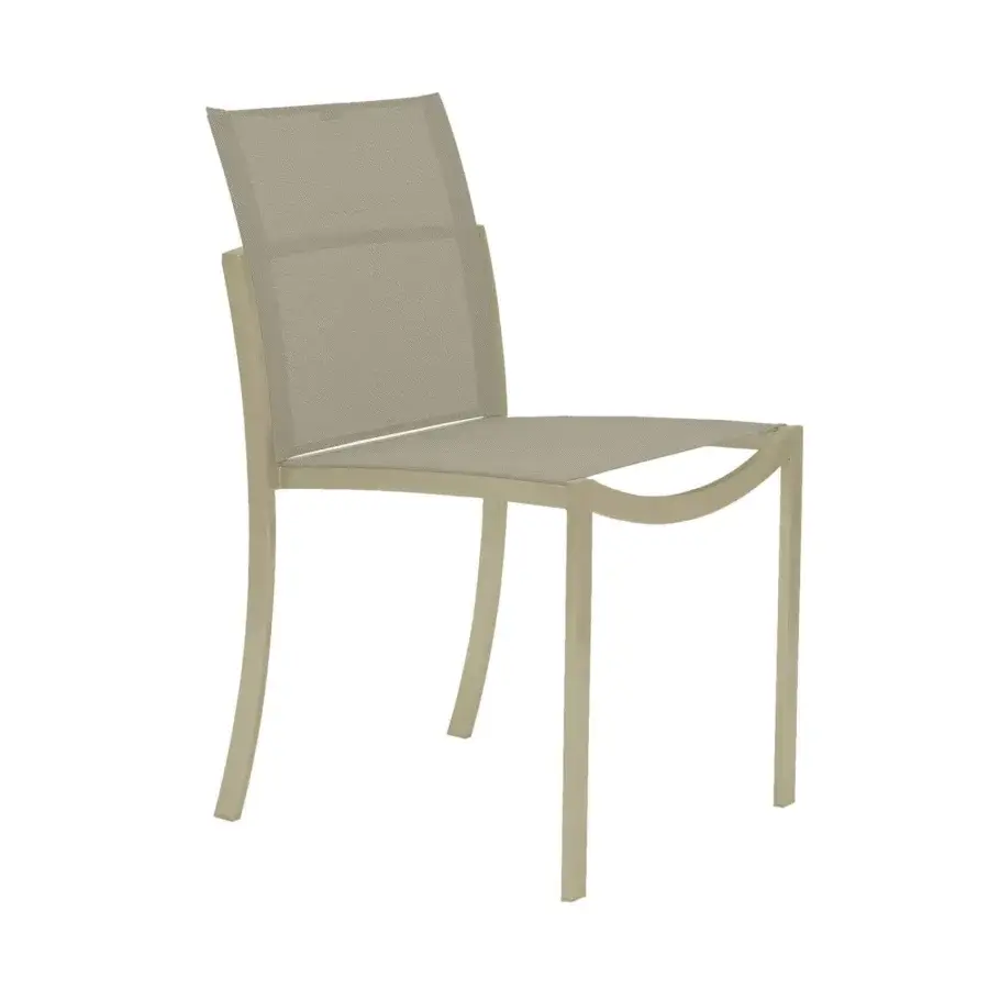 Distinguished Royal Botania O-Zon chair with coated stainless steel frame and woven Batyline seat in a balanced beige color scheme