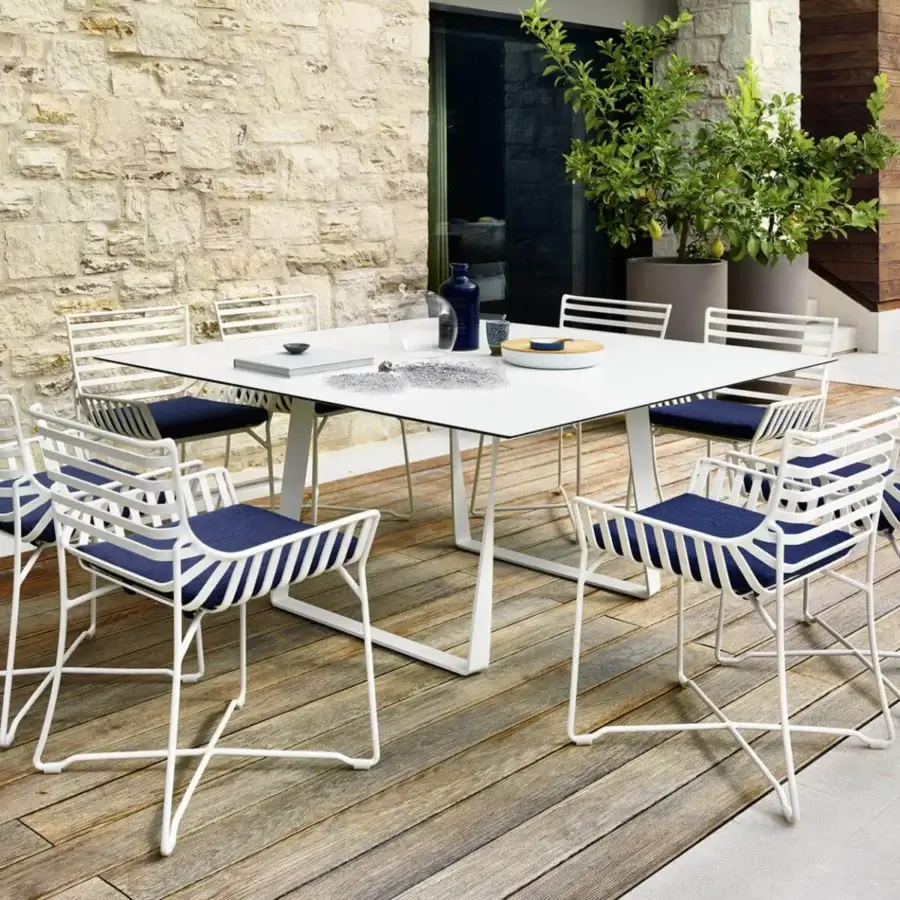 Sophisticated Roberti Rattan Hamptons Graphics armchair with blue and white striped textile upholstery and powder-coated aluminum frame