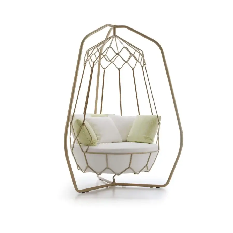 Distinguished Roberti Rattan Gravity lounge chair with stainless steel frame, nautical rope and white cushions patterned in light green