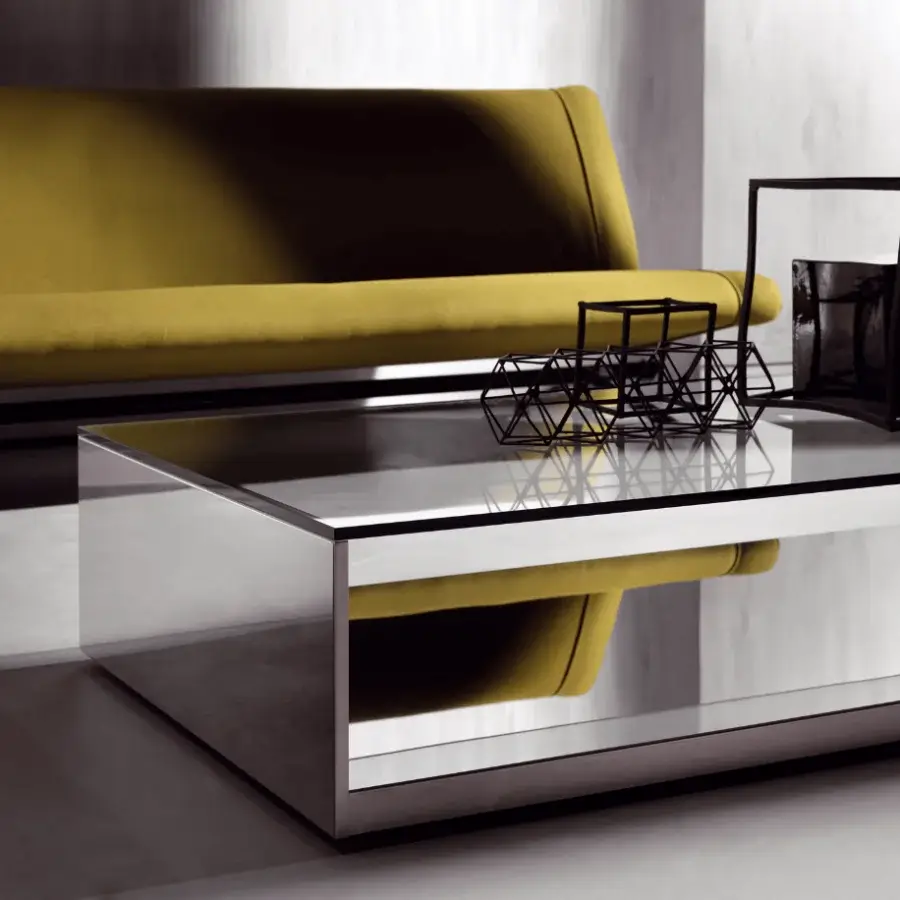 Superior Acerbis Litt coffee table with bright polished stainless steel and glass embodying a modern geometric silhouette