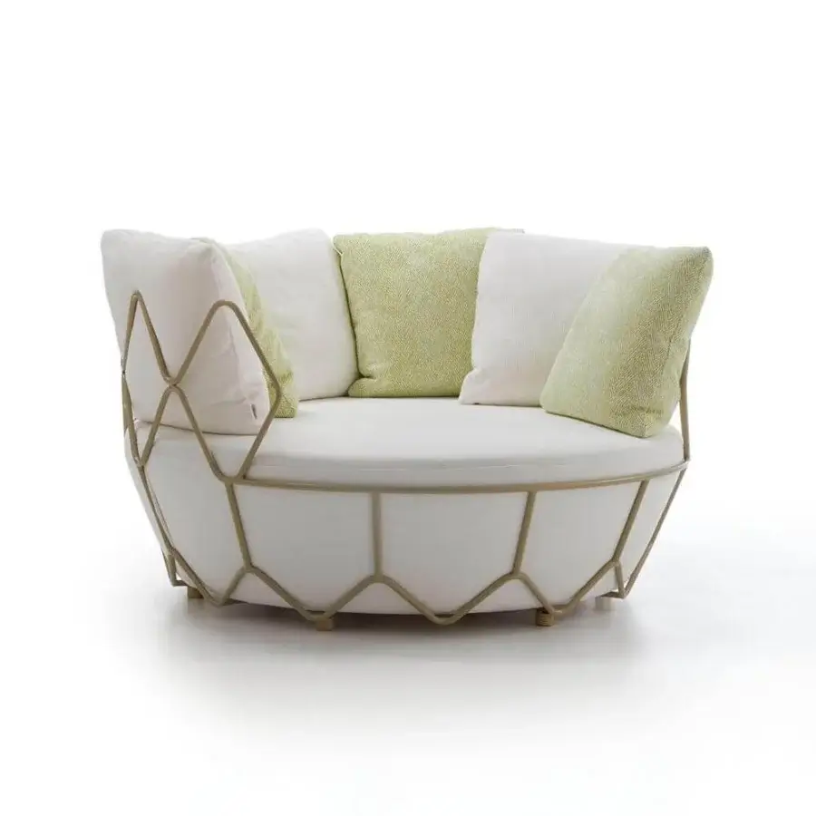 Elegant Roberti Rattan Gravity lounge chair with interwoven stainless steel and nautical rope in a light gold finish