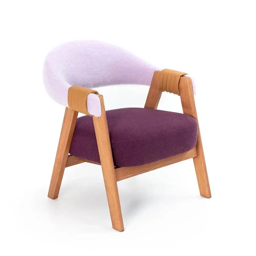 Distinguished Moroso Mathilda lounge chair with light-toned ash wood and purple textile, accented by tan leather straps