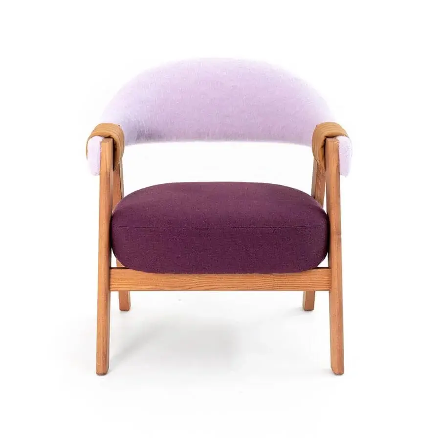 Innovative Moroso Mathilda lounge chair with FSC® Certified ash wood, deep purple textile and light purple fuzzy backrest