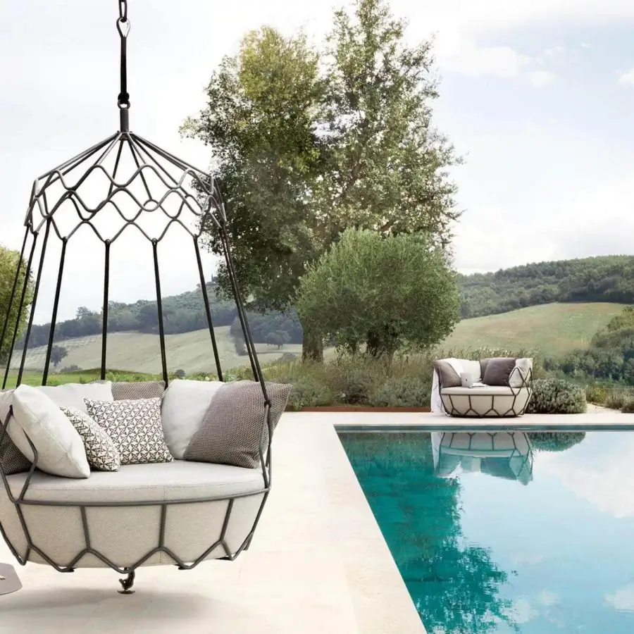 Exceptional Roberti Rattan Gravity lounge chair crafted with dark matte stainless steel and nautical rope, featuring light grey patterned cushions