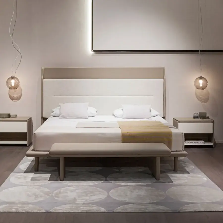 Superior Turri Zero ottoman with light beige textured fabric upholstery and minimalist Italian design