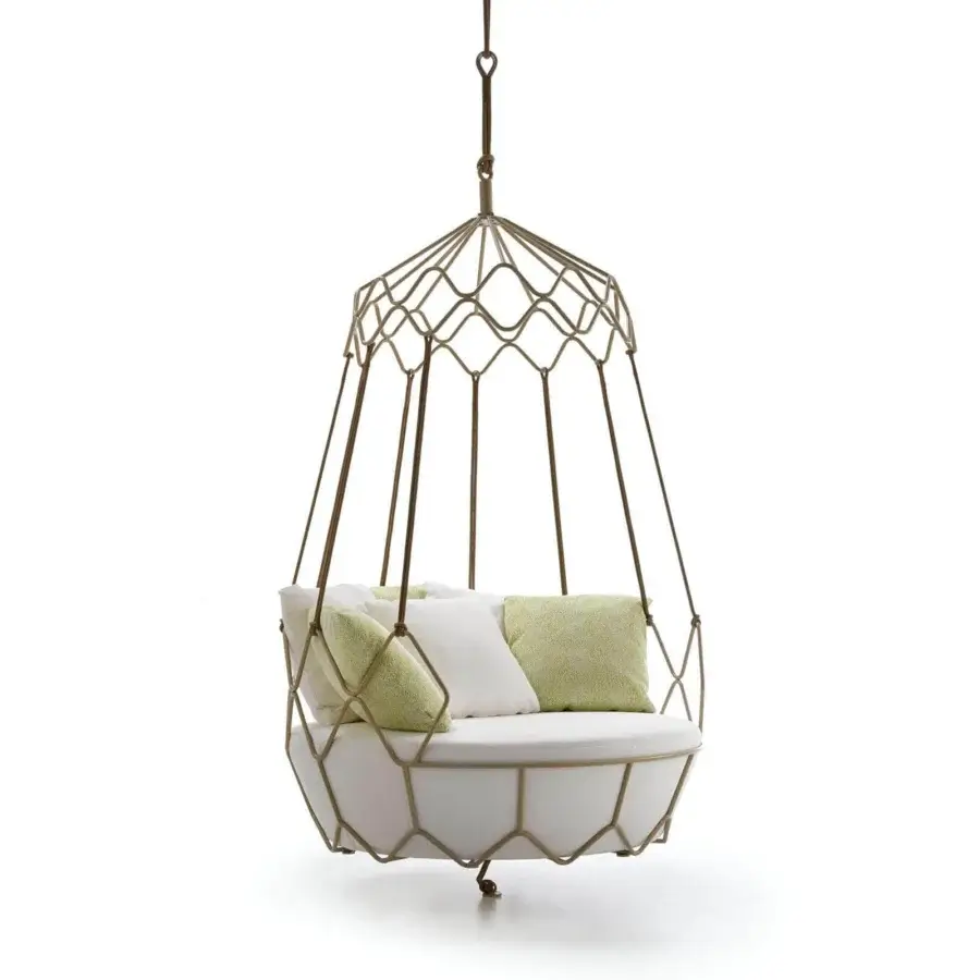 Distinguished Roberti Rattan Gravity lounge chair with woven powder-coated stainless steel and plush white cushions