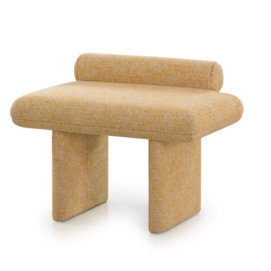 Distinguished Turri Zero ottoman upholstered in woven yellow-orange textile with a rounded comfortable form