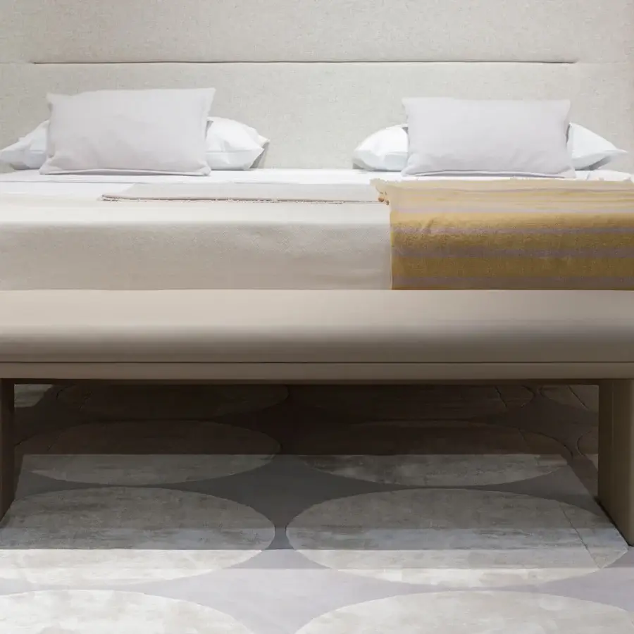 Distinguished Turri Zero bench in light beige leather presents a contemporary aesthetic with round volume enhancing sitting comfort