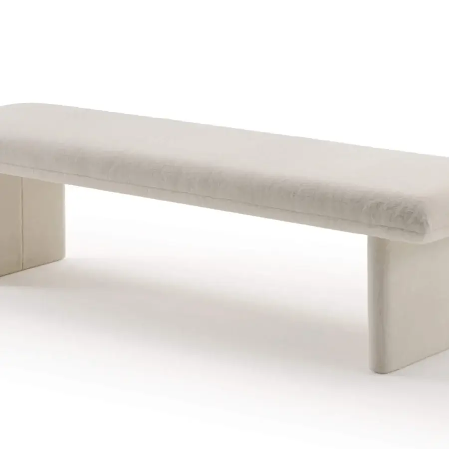 Exclusive Turri Zero bench with rounded form and full upholstery in light textile exhibits a matte finish