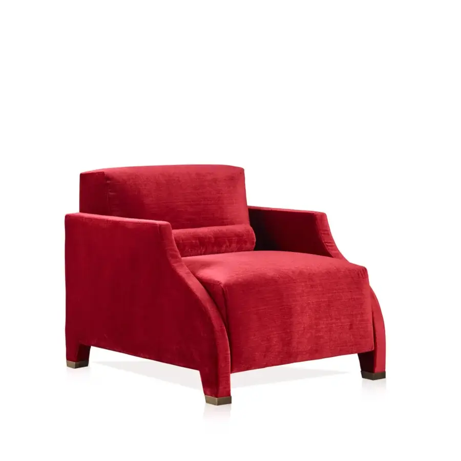Bellavista Filomena lounge chair, red velvet upholstery, rectilinear design with brass tapered legs, studio product shot.