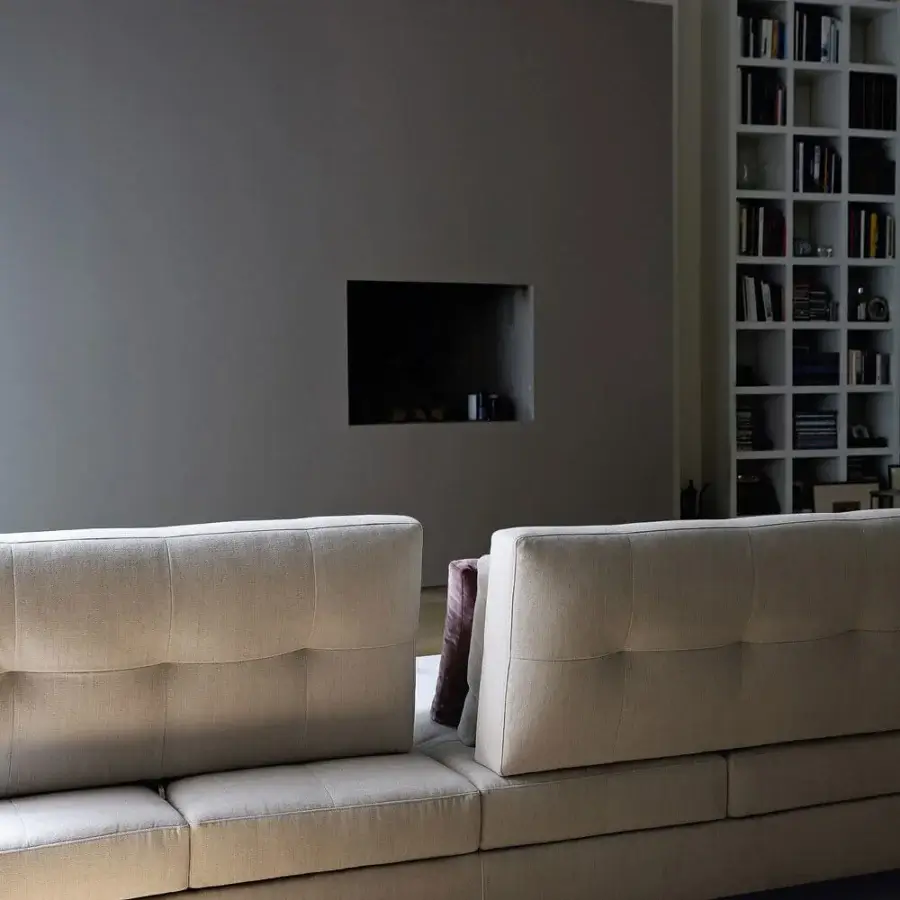 Exceptional Swan Italia Hemingway sofa presents comfortable seating upholstered in light beige textile with a matte finish