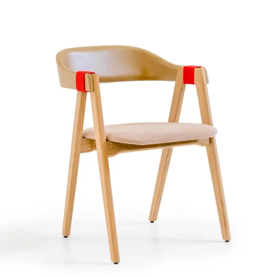 Distinguished Moroso Mathilda armchair with light-toned ash wood, tan fabric and unique bright red bands at armrests