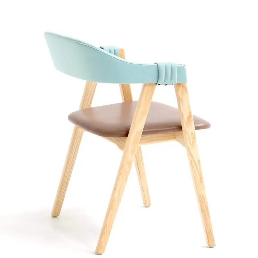 Distinguished Moroso Mathilda armchair with light ash wood, brown leather seat and light blue upholstered backrest crafted in Italy