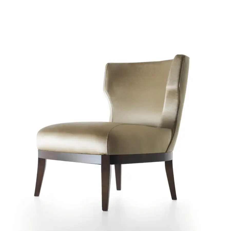 Distinguished Bellavista Grace lounge chair with curved multilayer Italian poplar wood and muted golden textile upholstery