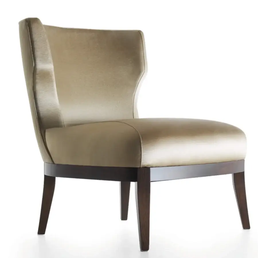 Superior Bellavista Grace lounge chair in light tan textile with curved multilayer Italian poplar wood and dark-toned solid wood legs