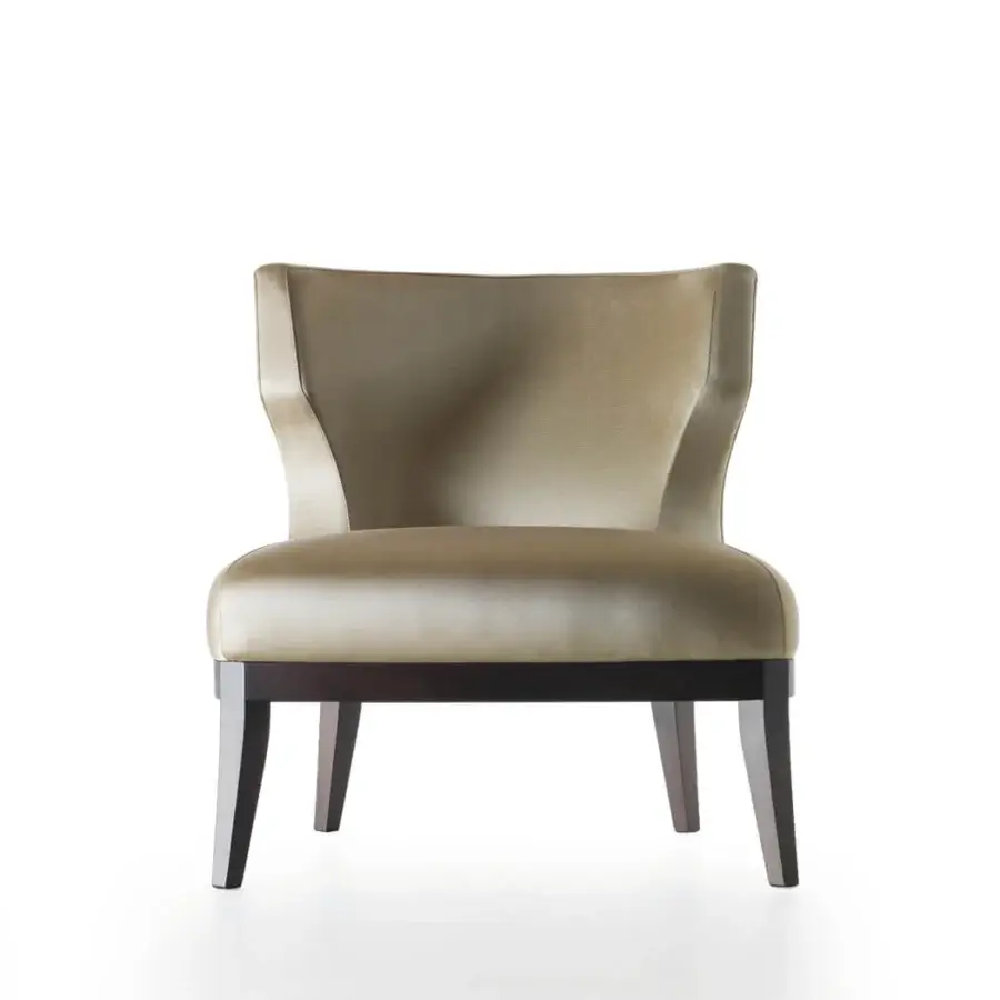 Exceptional Bellavista Grace lounge chair in muted gold fabric with dark stained solid wood legs