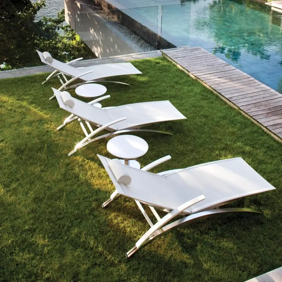 Exceptional Royal Botania O-Zon lounger with light gray Batyline seat and electro polished stainless steel frame